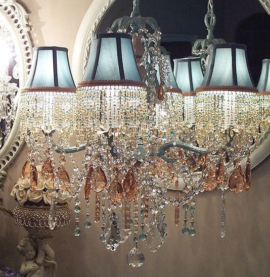 Glacier Blue and Pale Peach Crystal Chandelier with Matching Shades