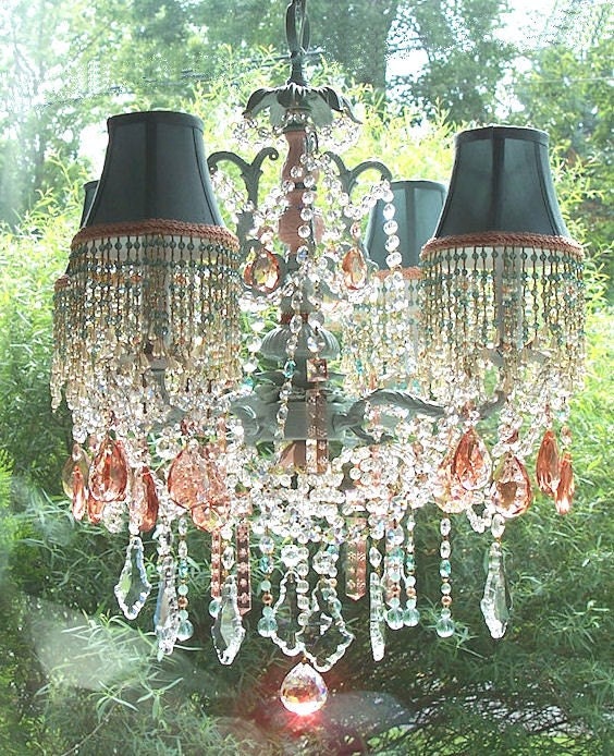 Glacier Blue and Pale Peach Crystal Chandelier with Matching Shades