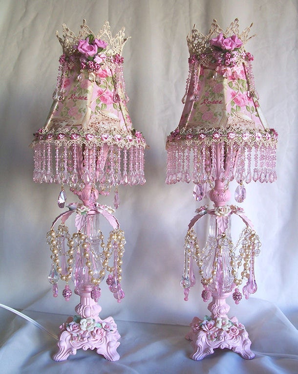 Shabby French Vintage Pink Roses Boudoir Lamp and Shade