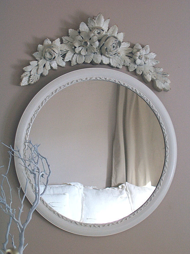 Antique Wood Framed Mirror and Floral Swag Pediment Set