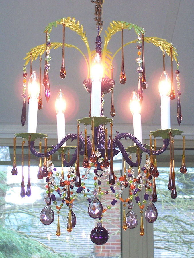 Exotic Vintage Purple and Green Palm Leaf Chandelier