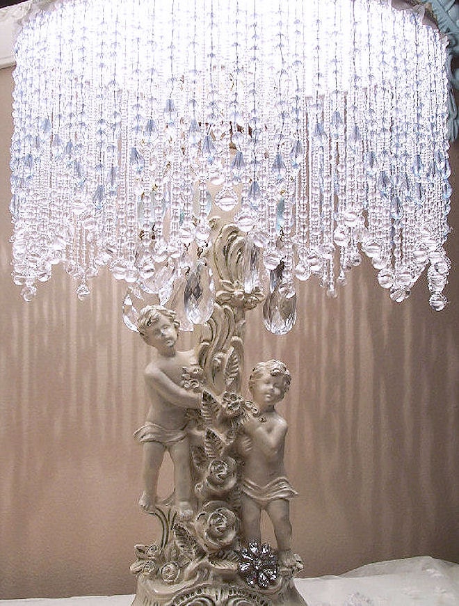 Exquisite Vintage Cherubs Rhinestones and Roses Table Lamps