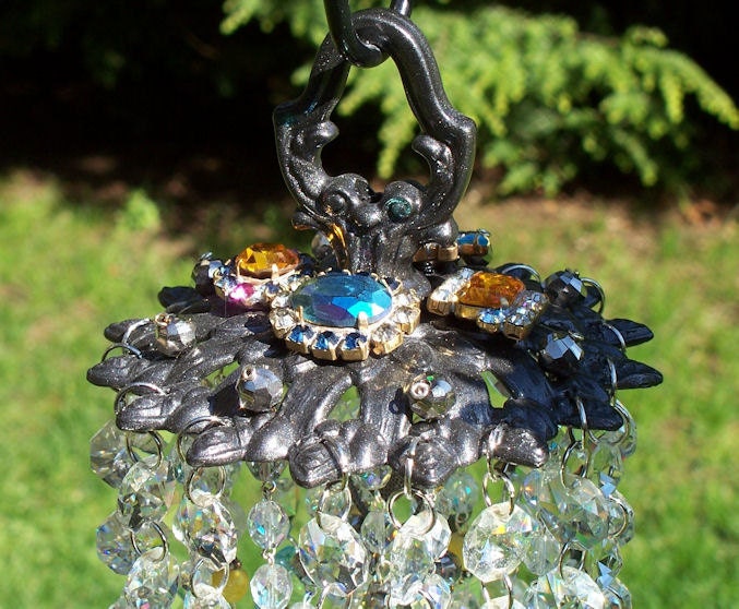 Jeweled Light Aqua and Yellow Antique Roses and Crystal Wind Chime