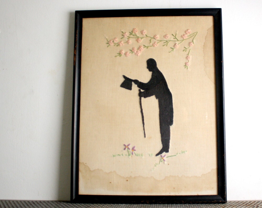 Antique Framed Embroidered Silhouette on Linen
