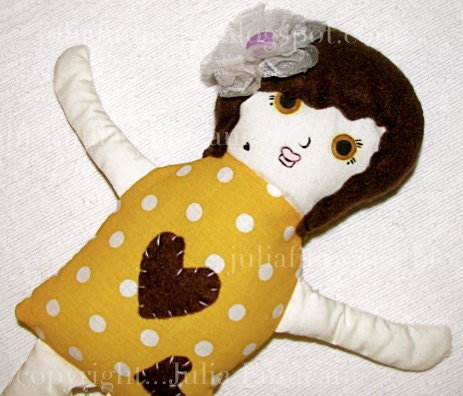 Yellow Rag Doll - Handmade Flower Plush Toy - Polka Dots Cotton Fabric