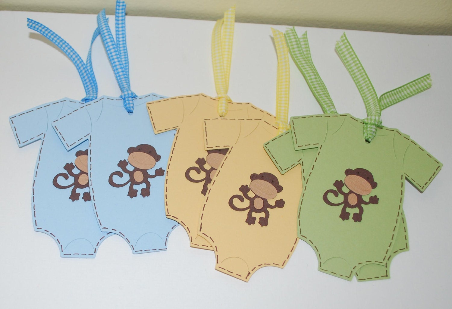 Baby shower onesie shaped gift tags green, blue and yellow with brown monkey (set of 6) Il_170x135