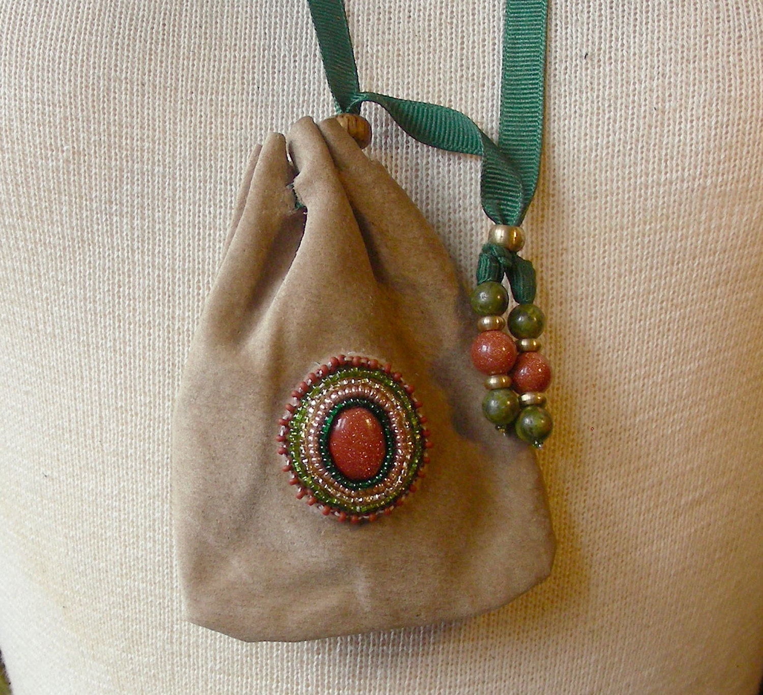 Beaded Goldstone / Tan Ultra Suede Necklace Pouch - Adjustable Length - Medium Size 11 x 9 cm.(4 1/4 in. x 3 1/2 in.) - OlyTeam