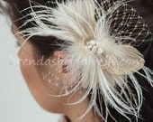 Champagne and Ivory Feather Peacock Birdcage Fascinator with Fresh Water Pearl and Rhinestone Center - Calissa Hair Piece