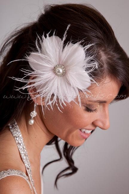 Pink Feather Flower, Wedding Hair Piece, Ostrich Streamers, Bridal Birdcage Fascinator, Pearl Rhinestone Center, Molly Head Piece