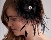 Black Bridal Flower, Silk Flower, Fly-Away Netting and Rivoli Crystal Rhinestone Center, Black Wedding Flower, Birdcage Fascinator - Stormy