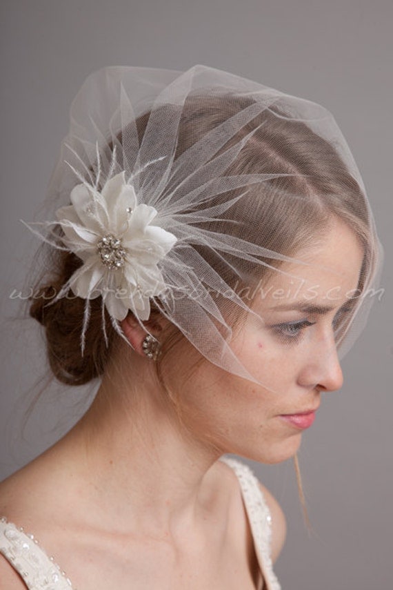 Bridal Birdcage Veil Set, Tulle Wedge Veil with Hand Cut Wild Rose Flower Fascinator, Wedding Veil Set