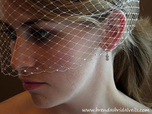 Blusher Birdcage Veil with Double Swarovski Rhinestone Edge (White, Ivory or Black)