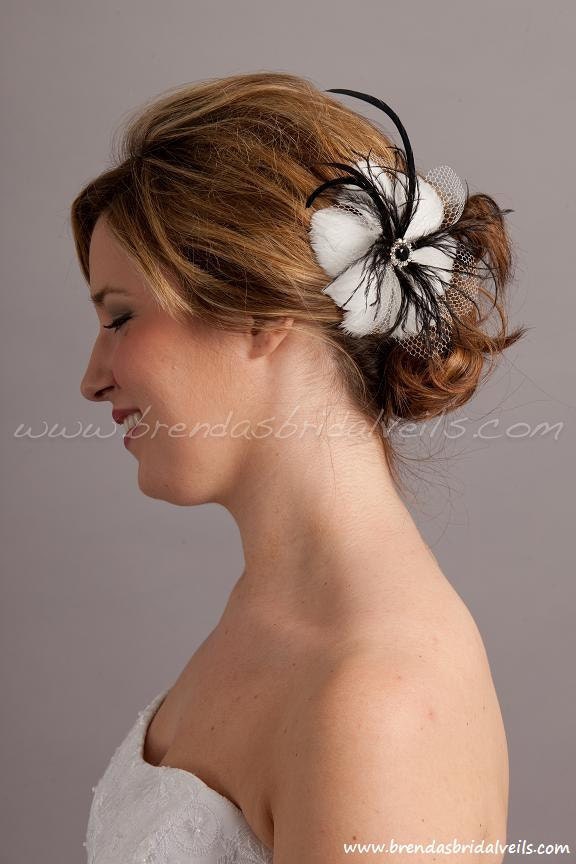 Soft White or Light Ivory Feather Flower Birdcage Fascinator with Jet Black Accents - Bree