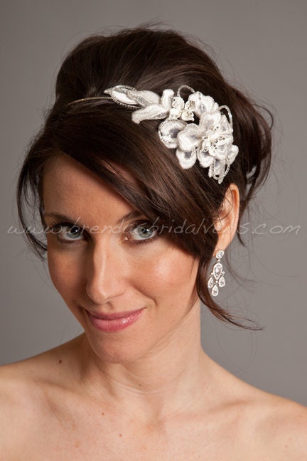 Wedding Headband, Lace Headband, Porcelain Flowers, Rhinestones, Bridal Headband - Odessa
