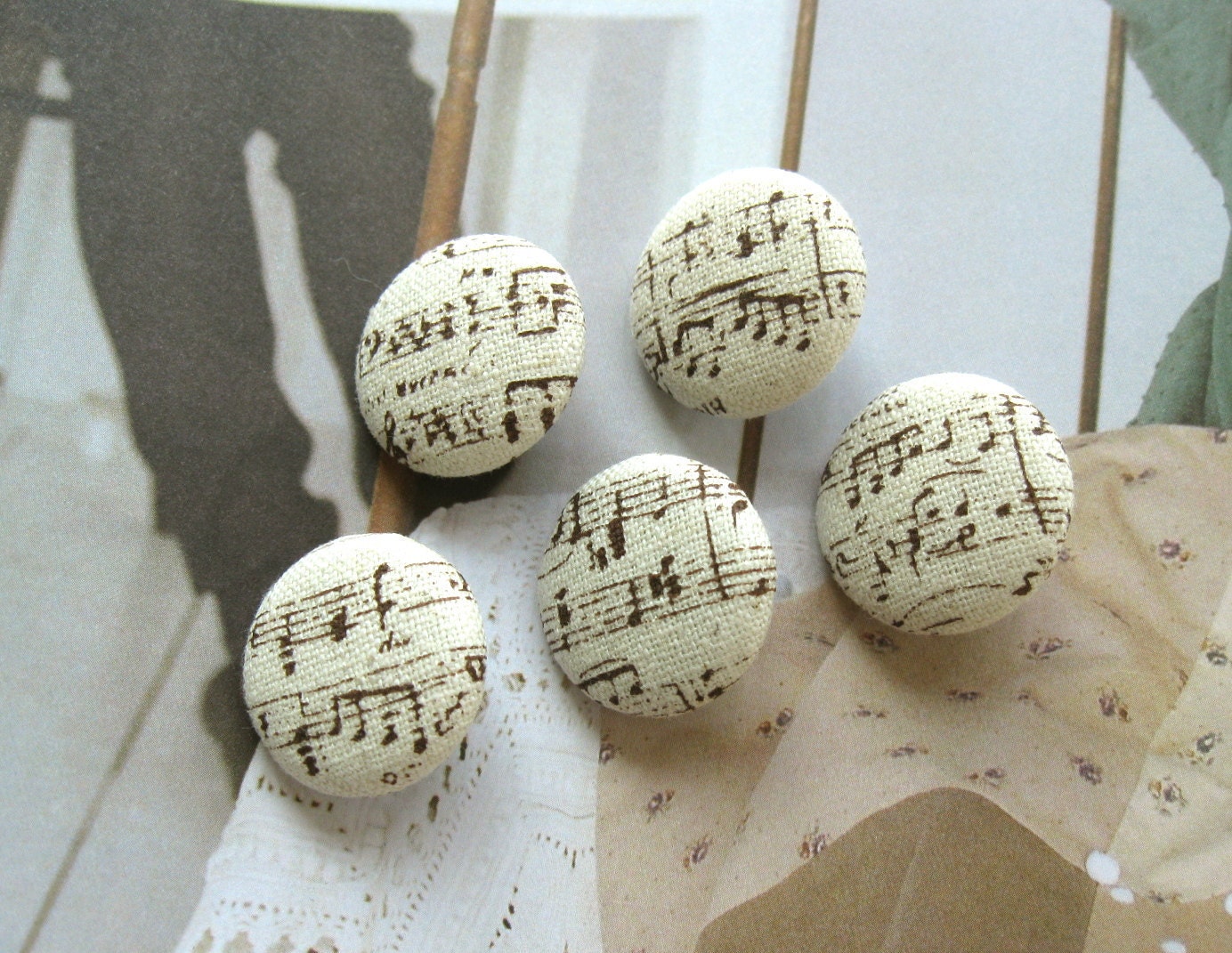 Handmade Fabric Buttons - Brown Cream Retro Musical Music Note Handmade Fabric Buttons 1 Inch 5's