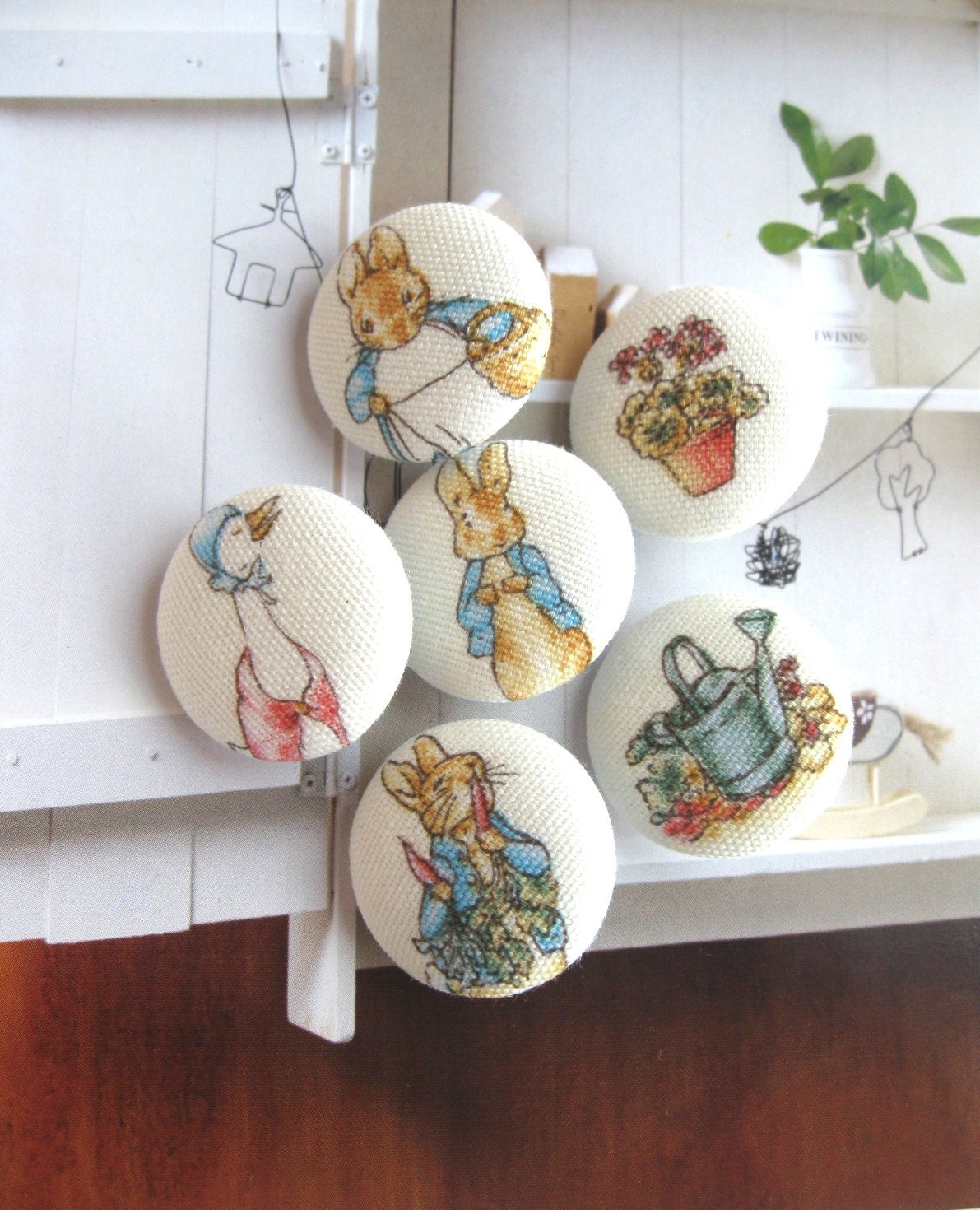 Handmade Fabric Buttons - Peter Rabbit Flowers Farm Animal Story Handmade Cloth Fabric Buttons 1.2 Inch 6's