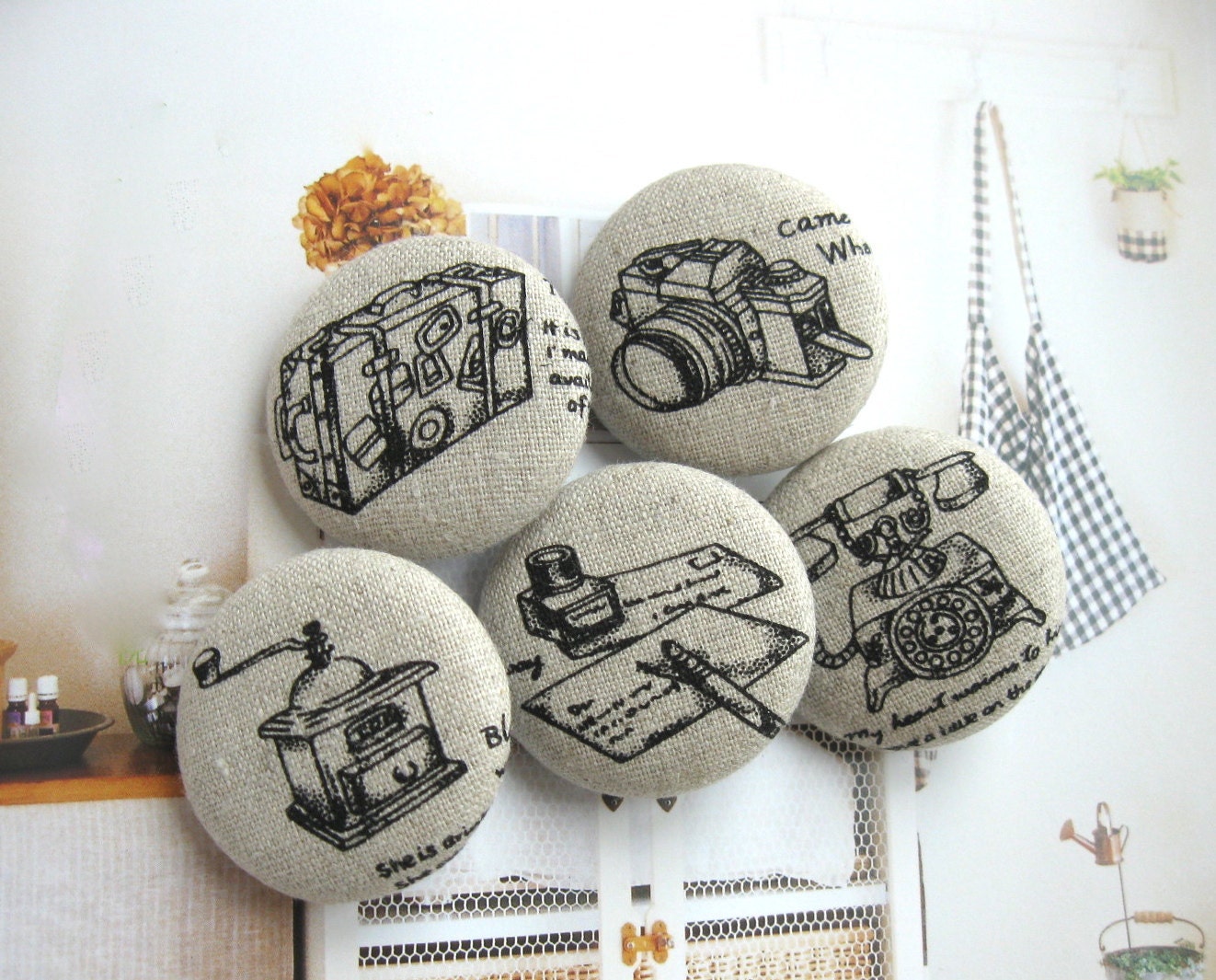 Handmade Fabric Buttons - Large Grey Beige Retro Clock Camera Postal Letter Luggage Handmade Cloth Fabric Buttons 1.5 Inch 5's