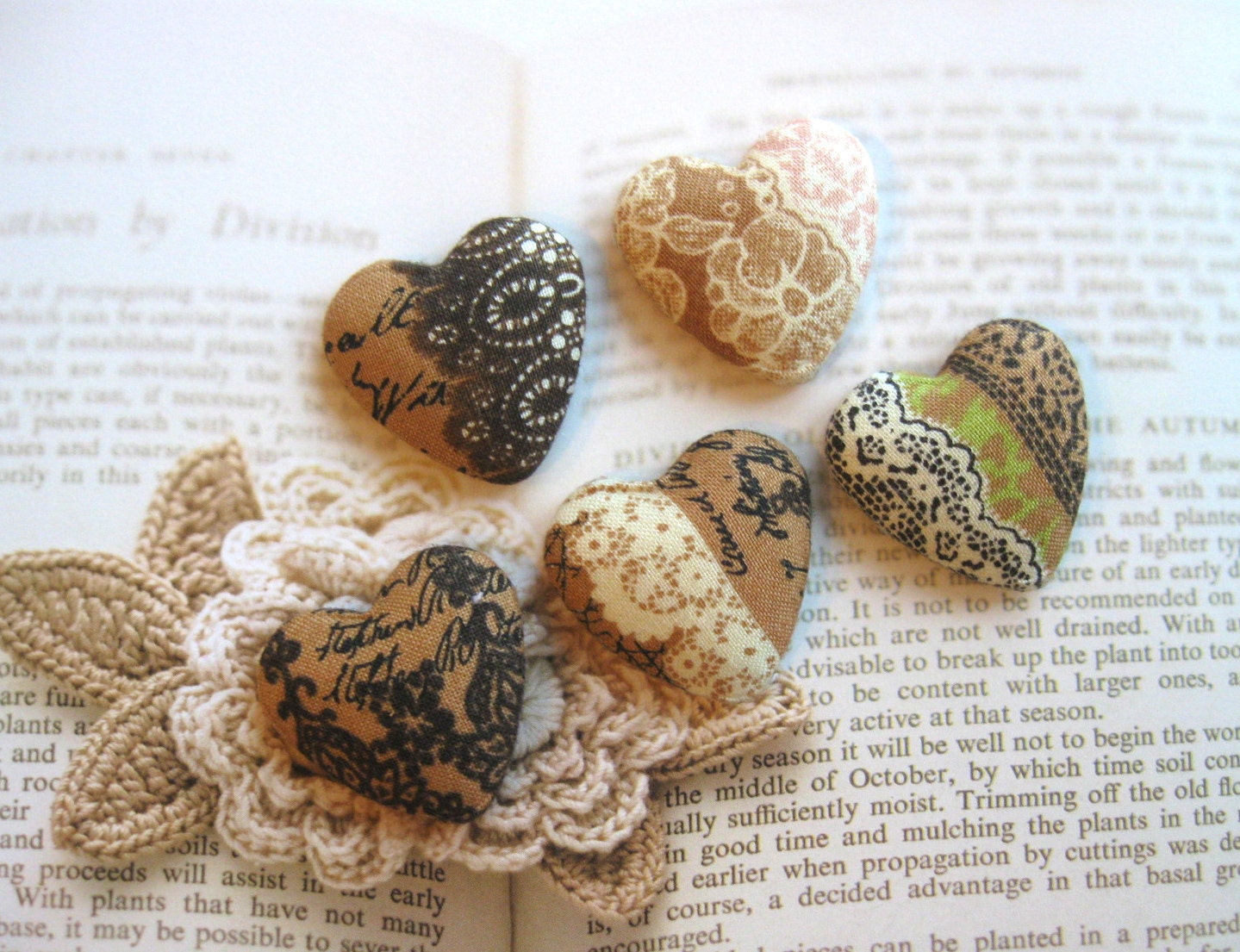 Handmade Flat Back Fabric Buttons - Retro Black Brown Green Lace Floral Heart Shape Flatbacks Buttons 1.25 Inch 5's