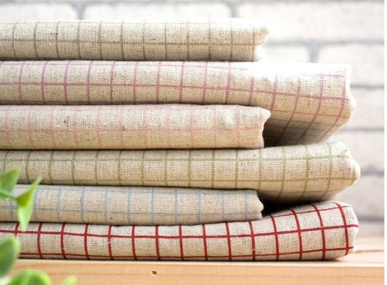 Cotton Linen Fabric - Red Blue Green Grey Beige Grid Notebook Squares Checks SMALL Fat Quarters Cotton Linen Fabric 6's 28 x 18 " Each LAST