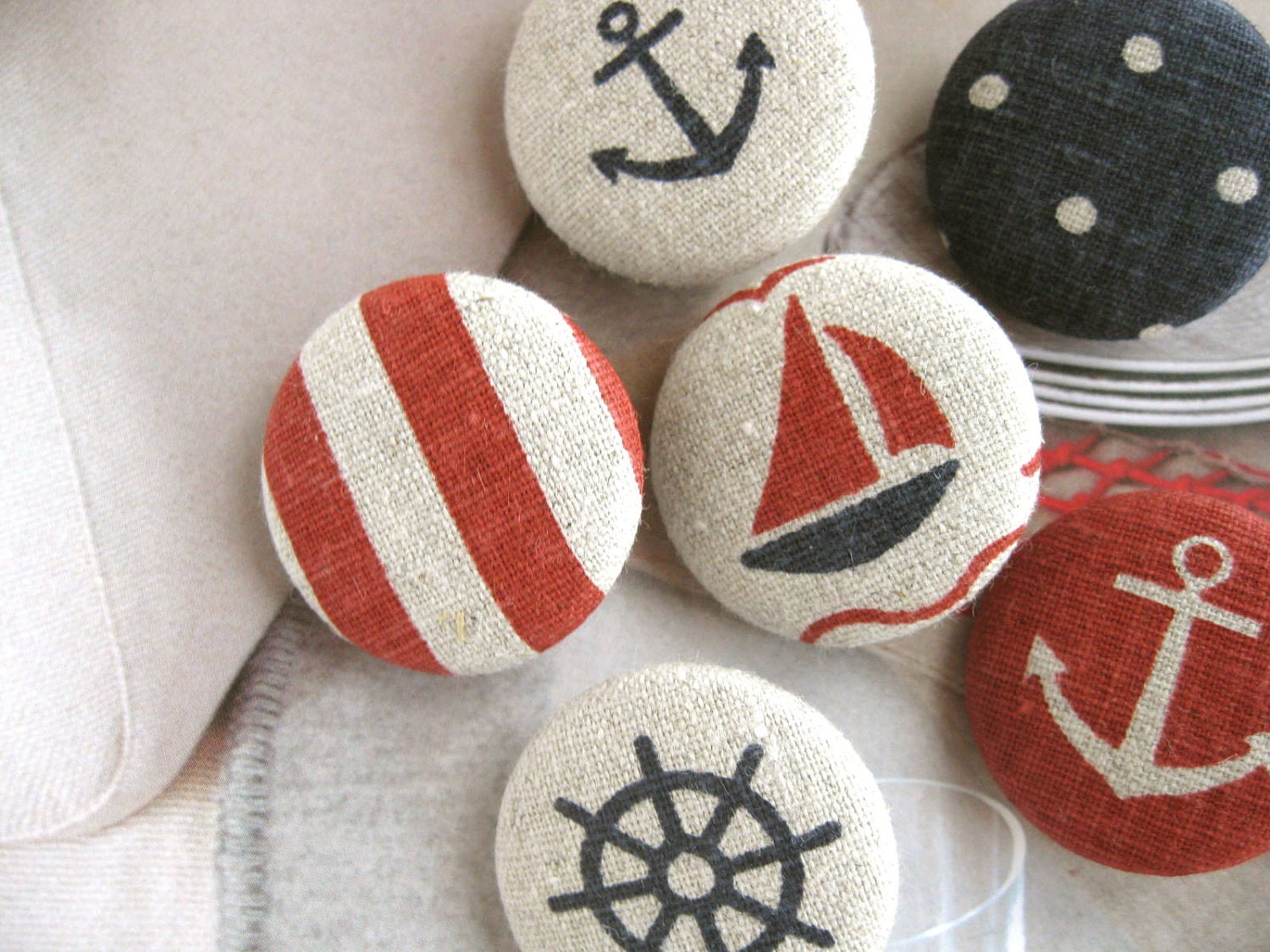 Handmade Fabric Buttons - Large Beige Red Dark Blue Anchor Nautical Marine Stripes Polka Dots Ship Handmade Fabric Buttons 1.25 Inch 6's