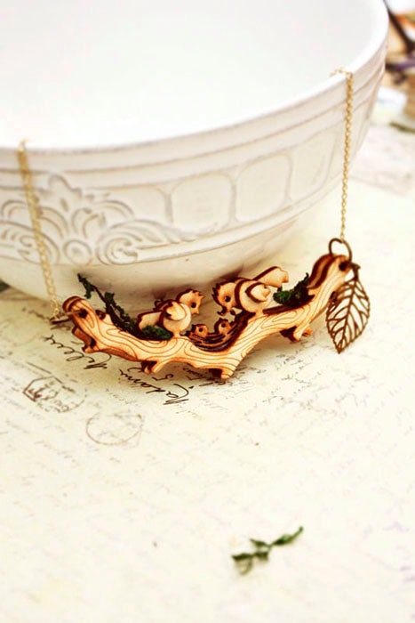 Whimsical Birds in spring necklace - MOVABLE wooden bird forest pendant - SixAstray