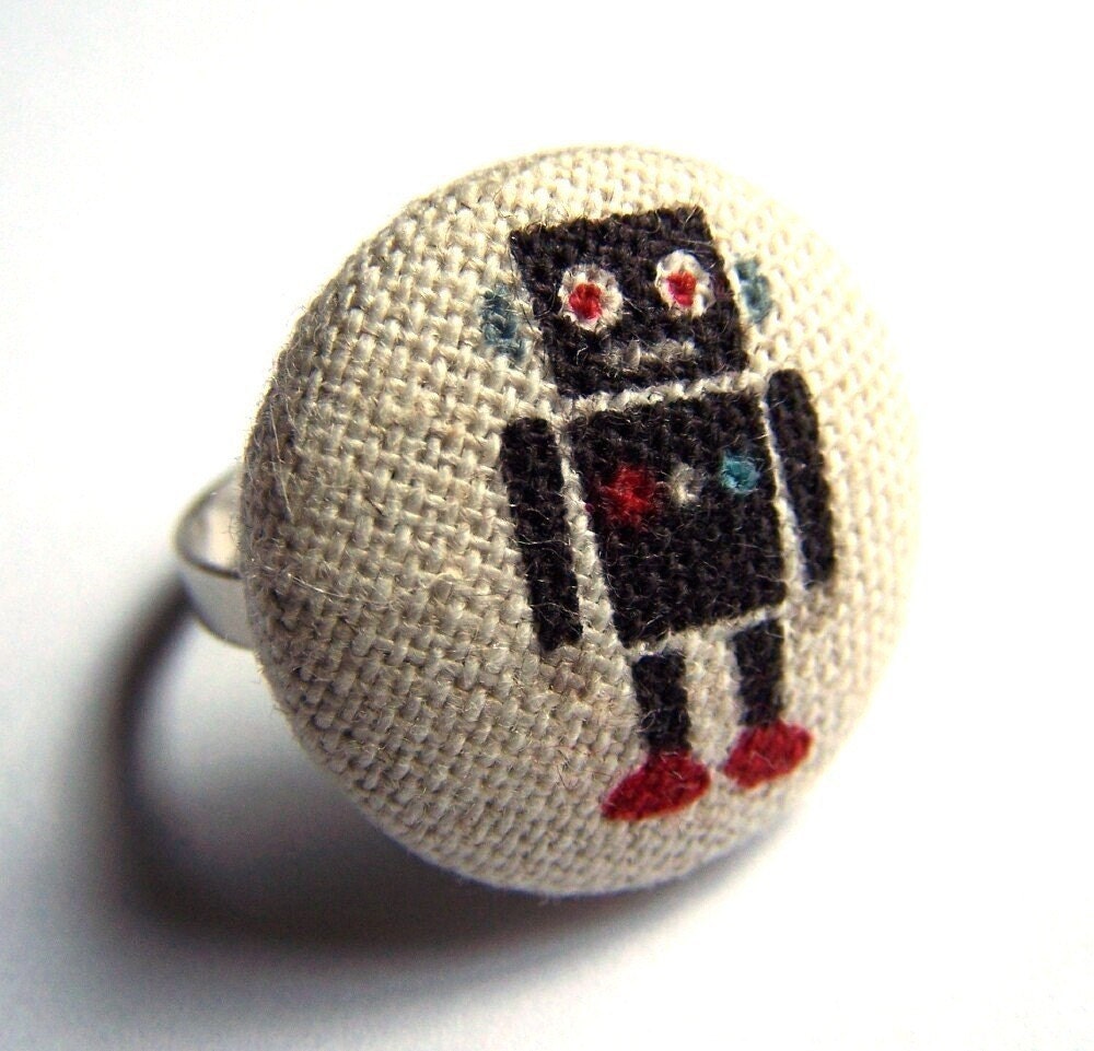 Robot Ring - Handmade Retro Robot Fabric Covered Button on an Adjustable Ring - We Heart Robots