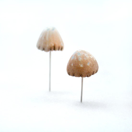 Mushroom Pins Set of (2) - Terrarium Decor, Pin Cushion Accessories - Tan White and Blue
