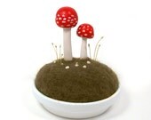 Pincushion Sculpted Red Amanita Mushrooms in Wool Moss Made To Order - Home Decor Nature Display
