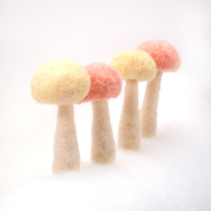 Tiny Felted Soft Mushrooms in Pink Lemonade - Made To Order Set of Four