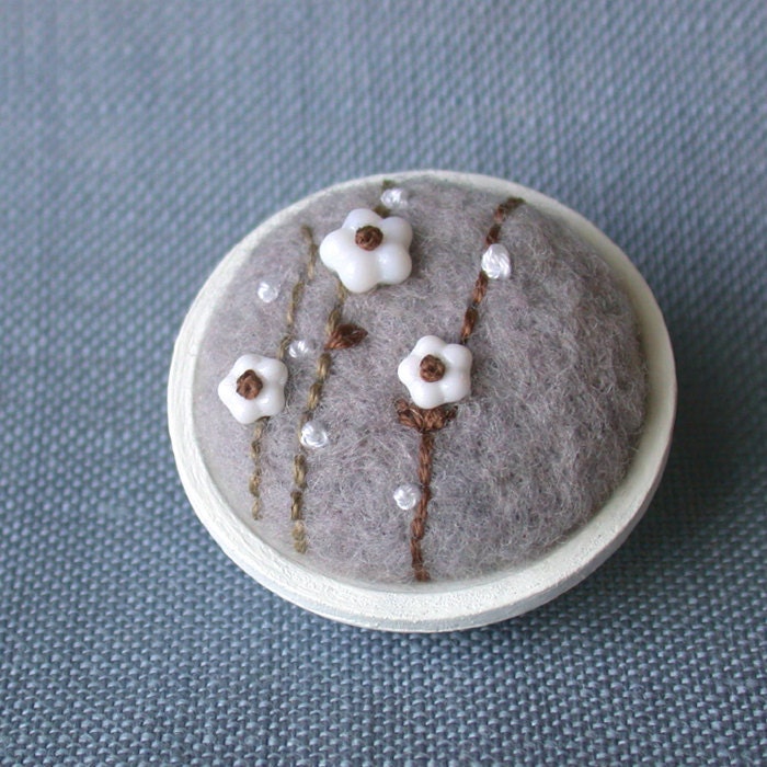 Flower Brooch Pin - White on Grey Felted and Embroidered