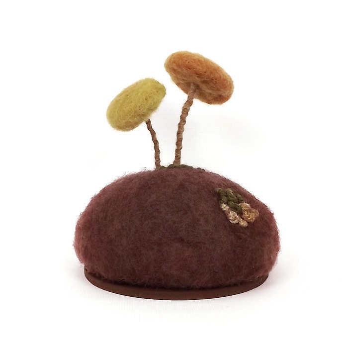 Home Decor Pincushion Mushrooms and Lichen Nature Scene in Earthy Colors