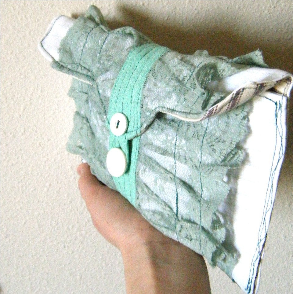 Nanami - ooak Clutch in White and Sea Green w Vintage Buttons