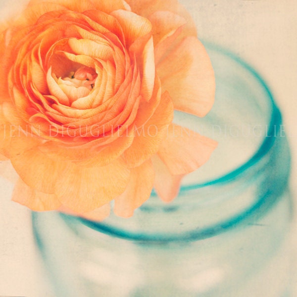 Fine art photography  - Nature flower vase image, Cottage style photography print -  blue orange floral peony