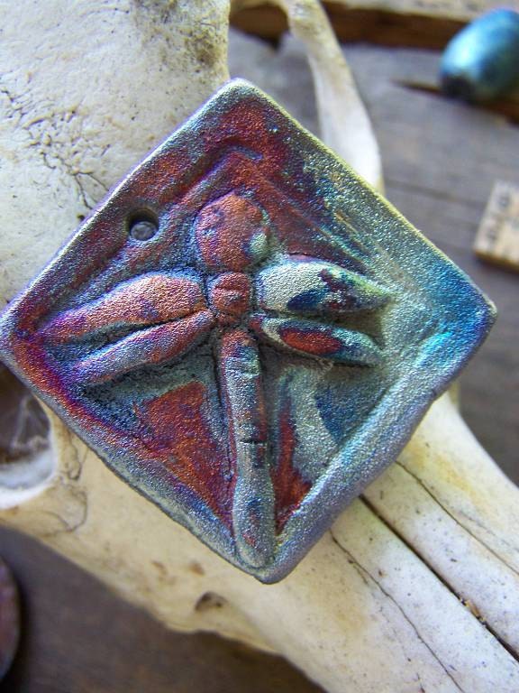 One Dragonfly Pendant Raku Blue Purple Teal