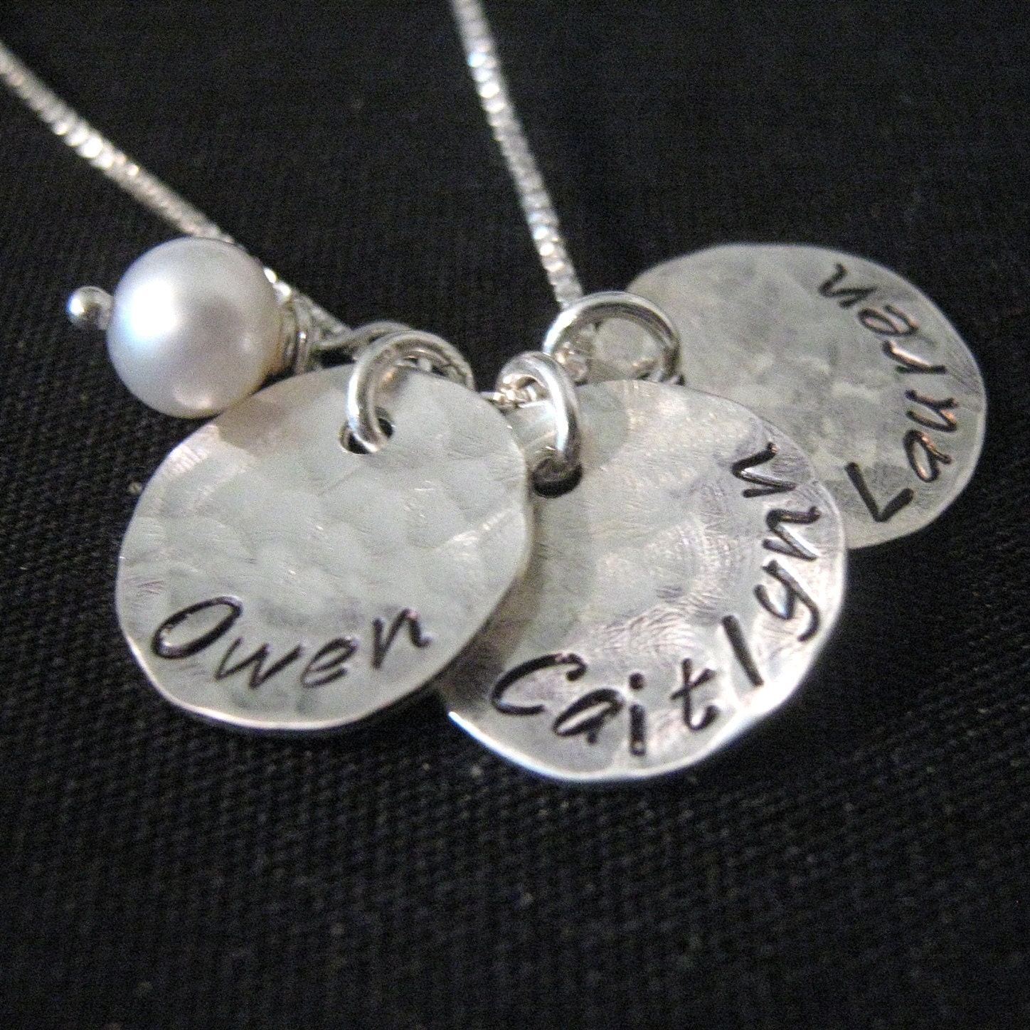 Mother's Day Gift - Hand Stamped Mommy Necklace - Three Loves - personalized mothers necklace with pearl