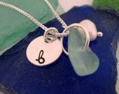 Hand stamped necklace - Initial Necklace - Beach Glass Necklace - Beach Themed Wedding - Bridesmaid Necklace -