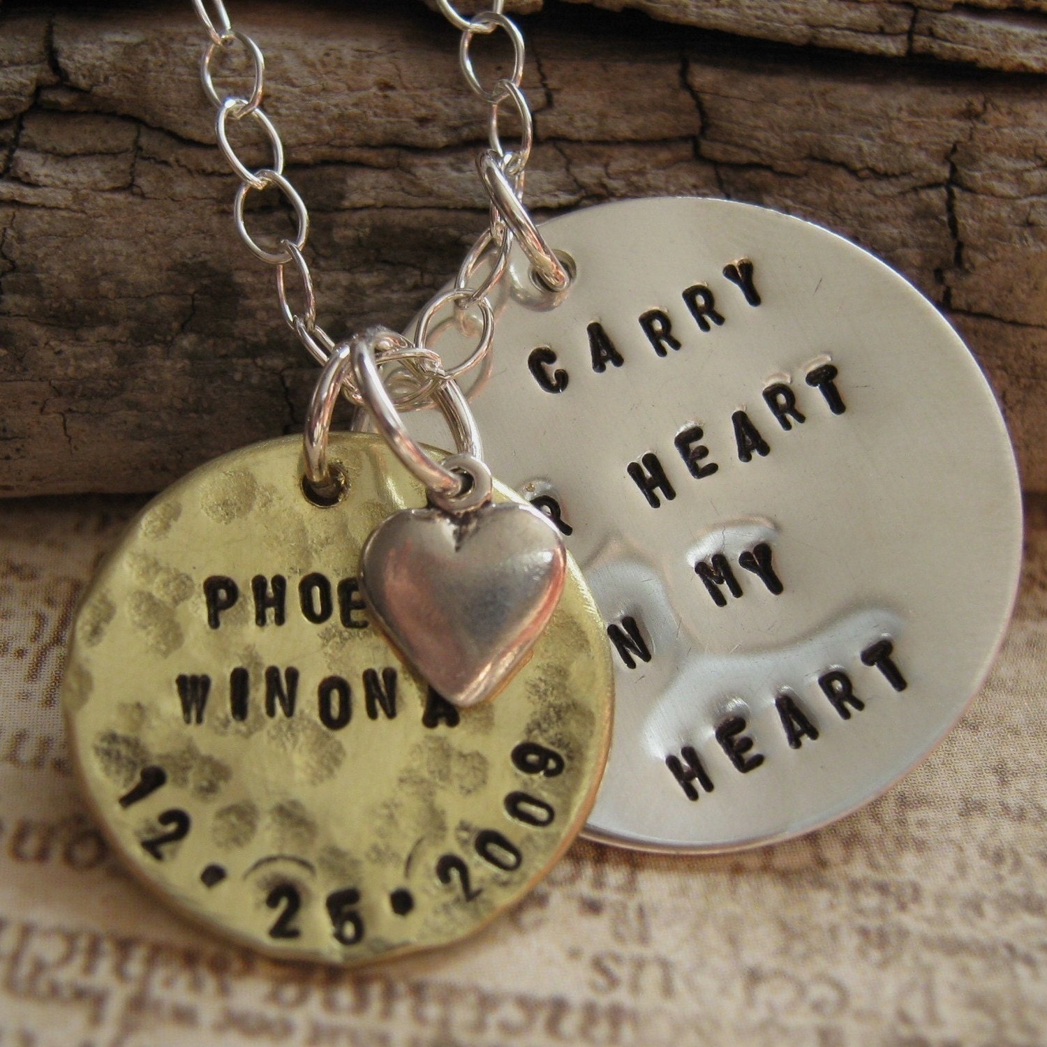 I Carry Your Heart hand stamped personalized necklace in mixed metal