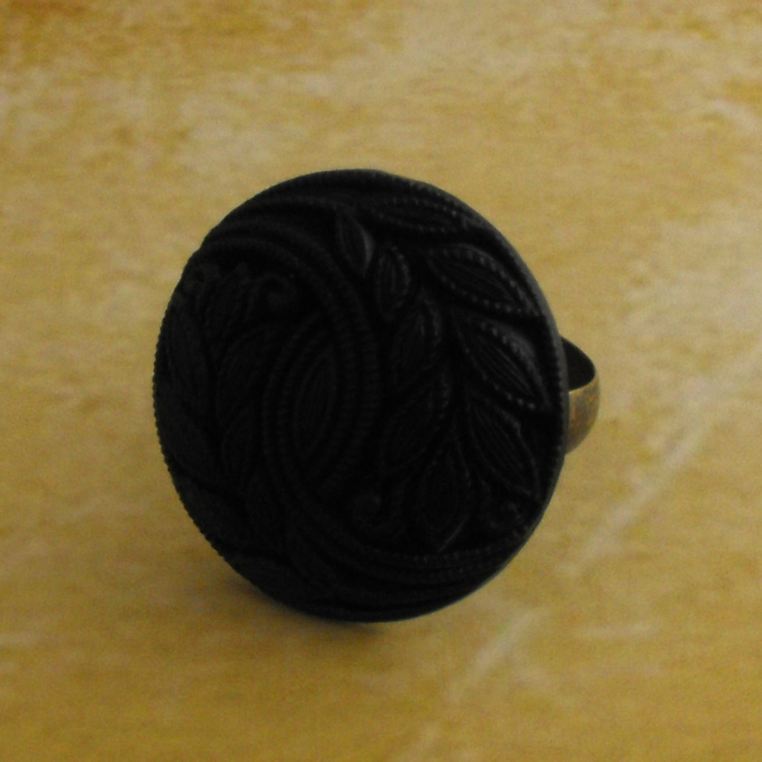 Large Black Button Ring with Leaf Pattern & Antique Brass Adjustable Ring Base Vintage Style Jewellery