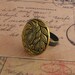 Gold Button Ring with Leaf Pattern, Antique Brass Adjustable Ring Vintage Style Jewellery