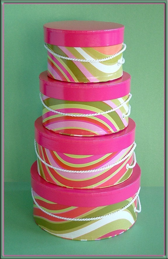 Hat Boxes - Retro 1970's Pattern MINIATURE MILLINERY STACK of Four (4 boxes)