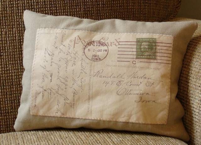 vintage Post card Pillow on Linen fabric