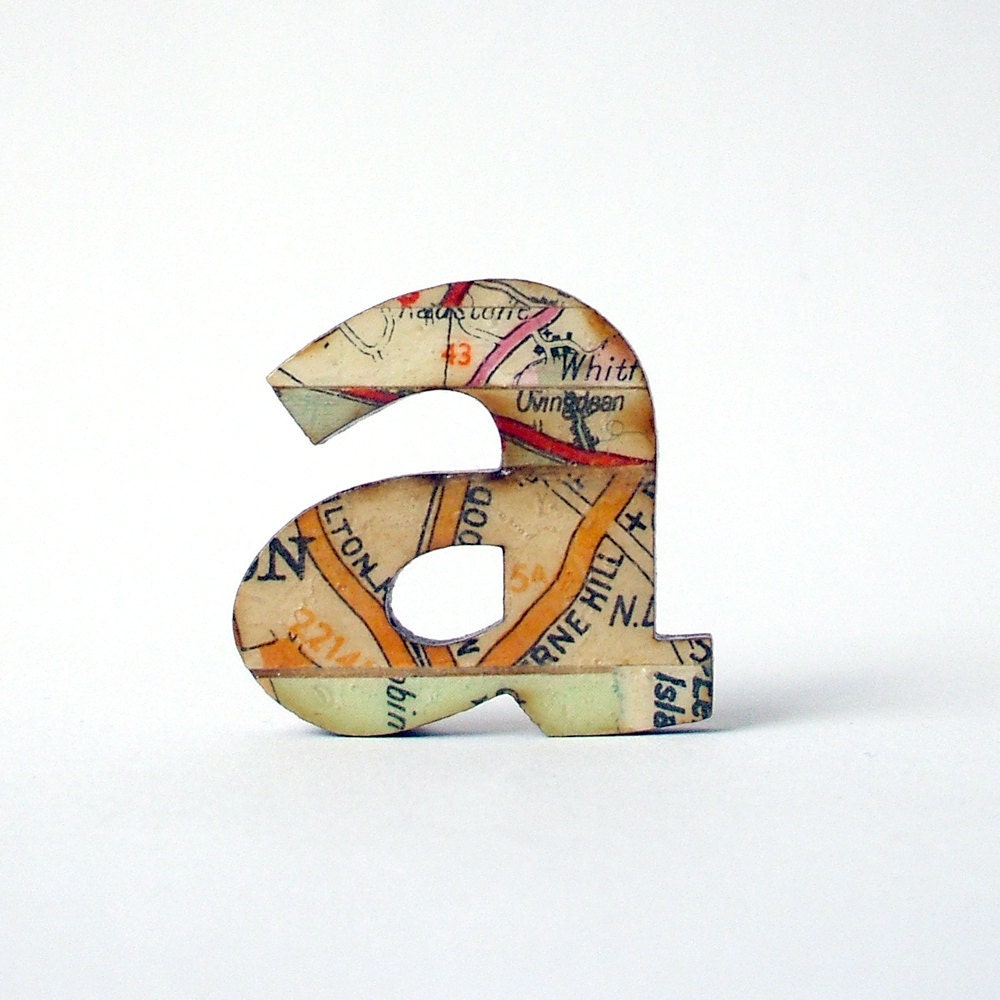Vintage map paper letter brooch - a