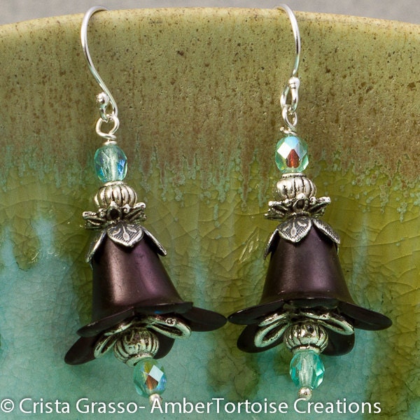 SALE Sterling Silver Eggplant and Aqua Blue Flower Earrings- Enchanted Garden Collection