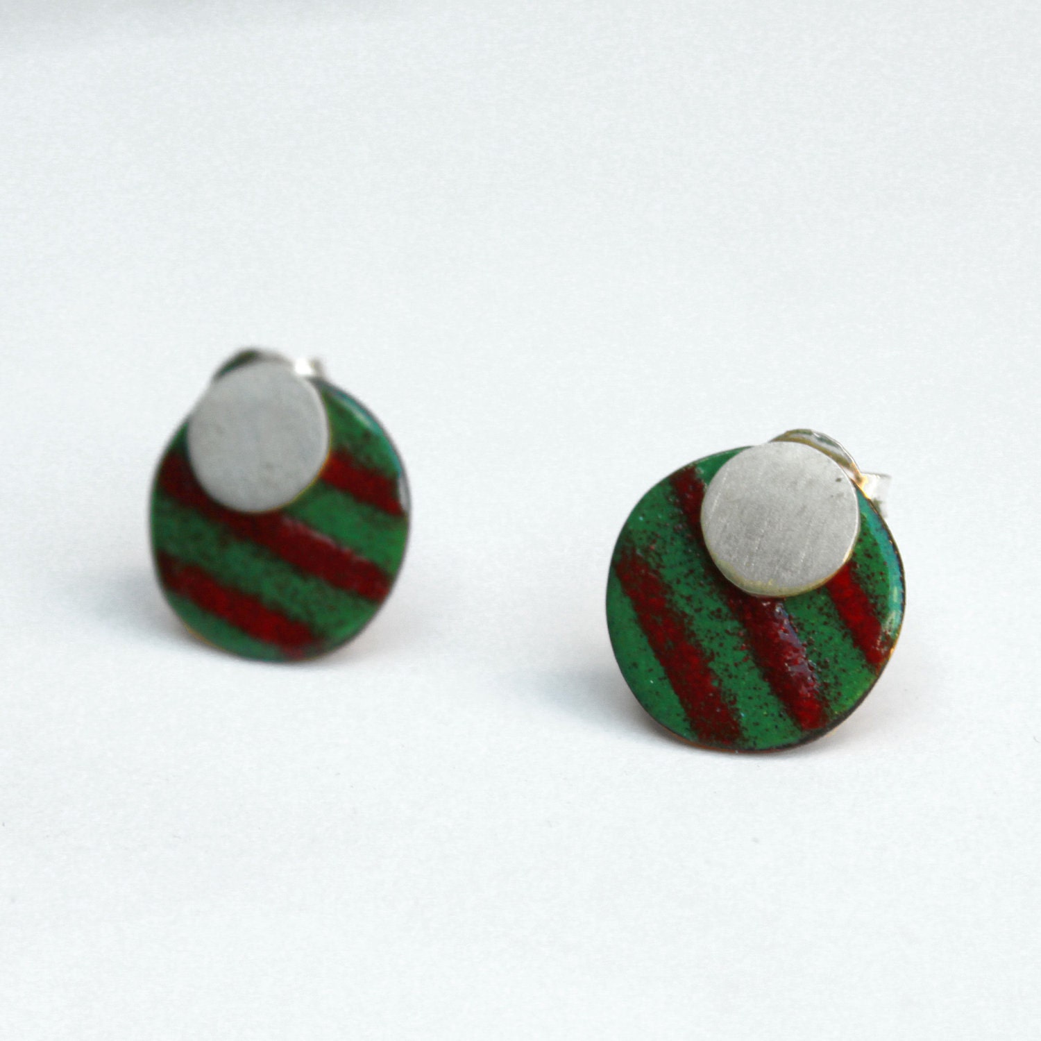 2 in 1- Green and Red Stripes Earrings - sterling silver and copper