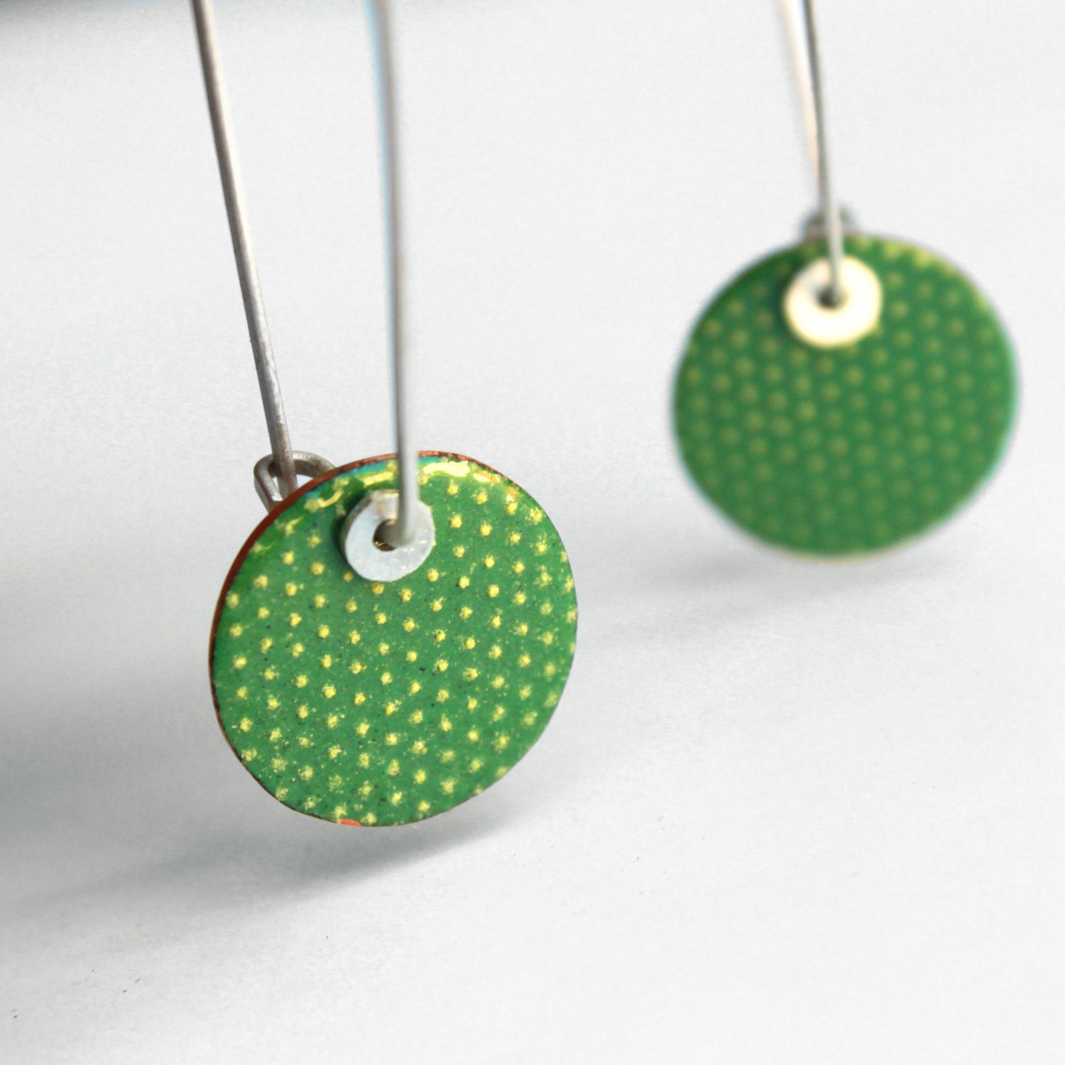 Long Cactus Skin Earrings- Green and Yellow - Sterling silver and copper