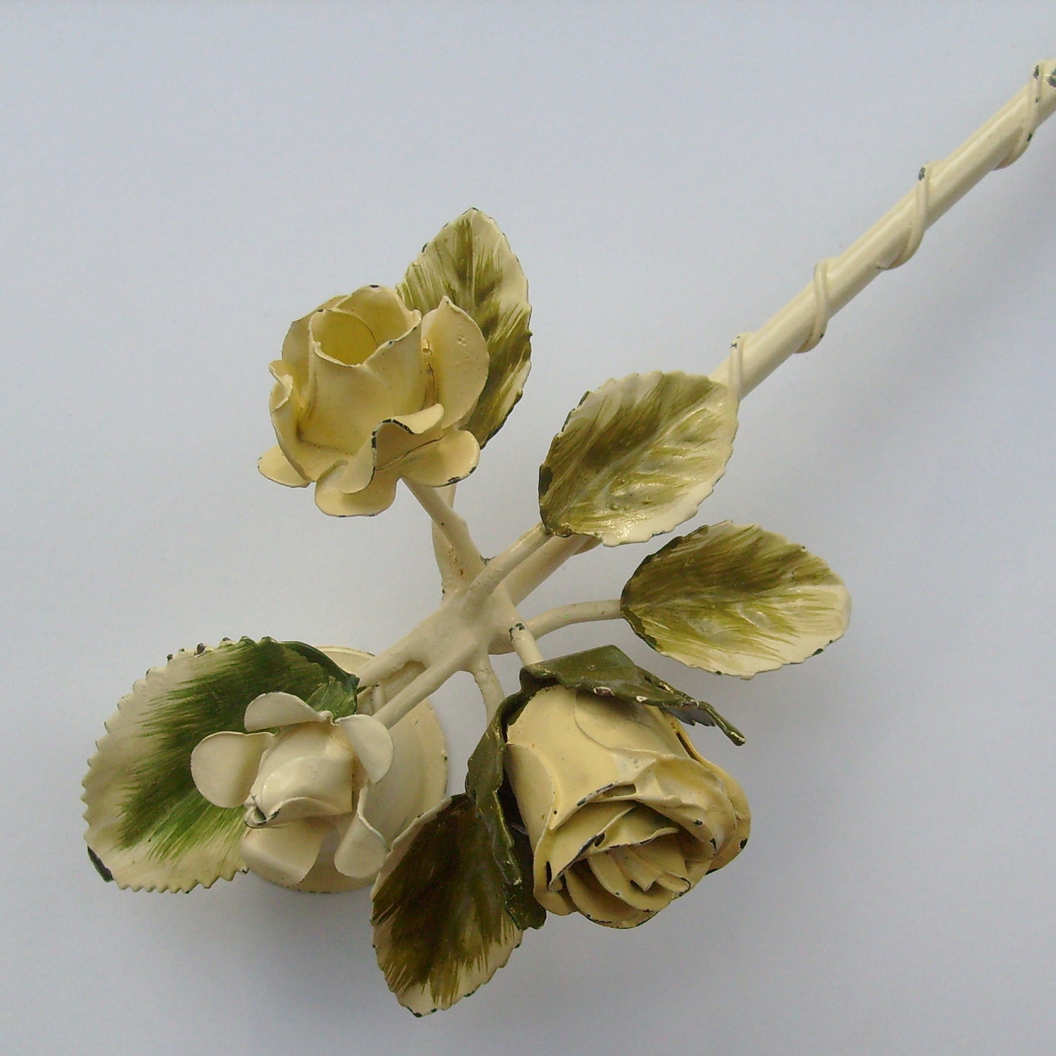 Vintage tole candle snuffer roses creamy white and green