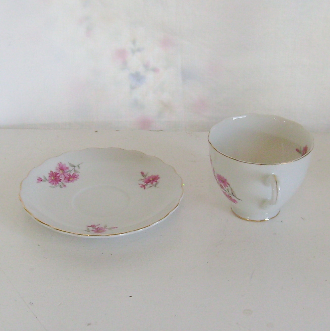 Mothers Day Sale Vintage tea cup and saucer set with pink daisies img