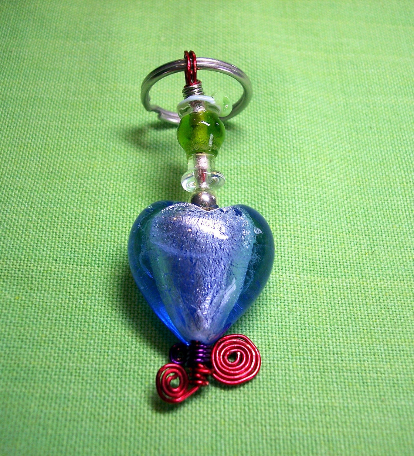 Keys to Your Heart  Blue Venetian Glass Wire wrapped Heart Keychain