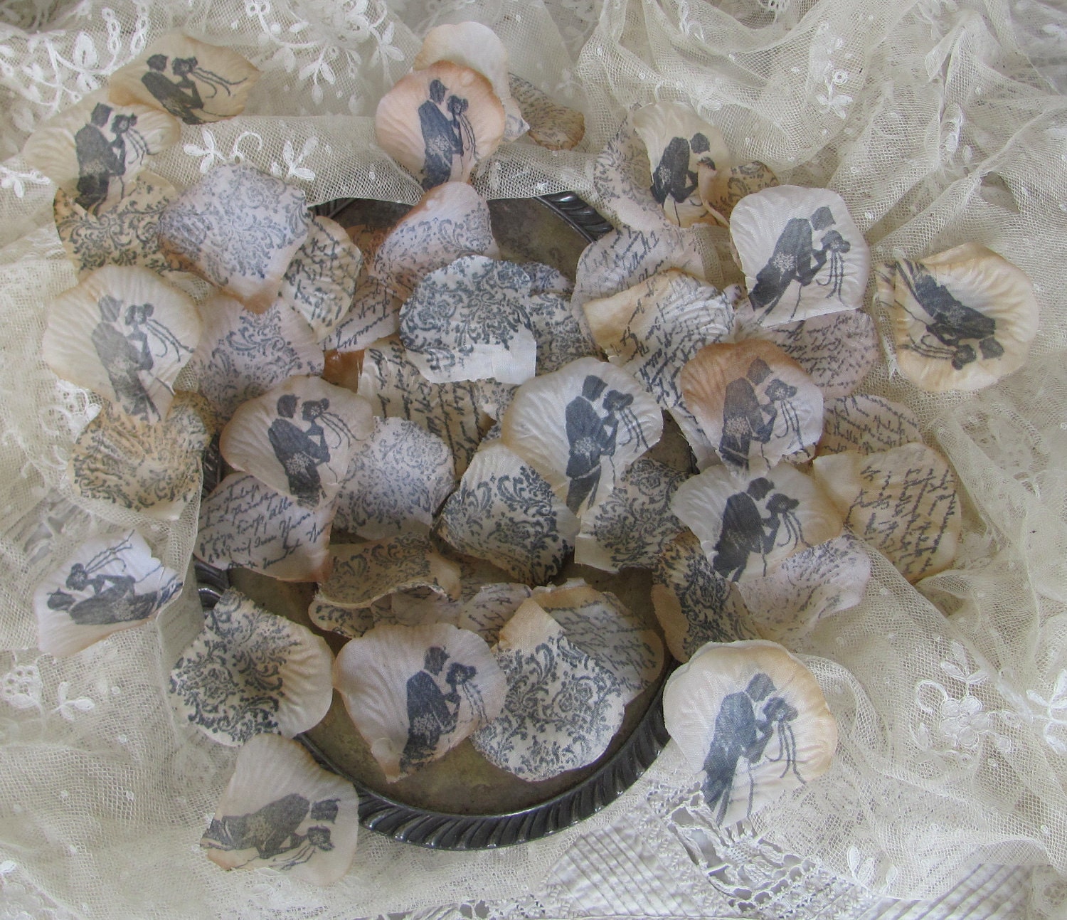 Wedding  Flower Petals Bride and Groom  Tea Stained Hand Stamped