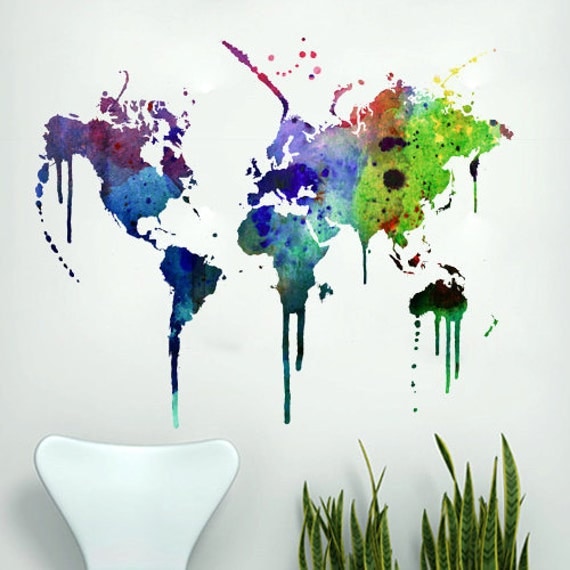 Wall World Map - Watercolor world map decal for housewares